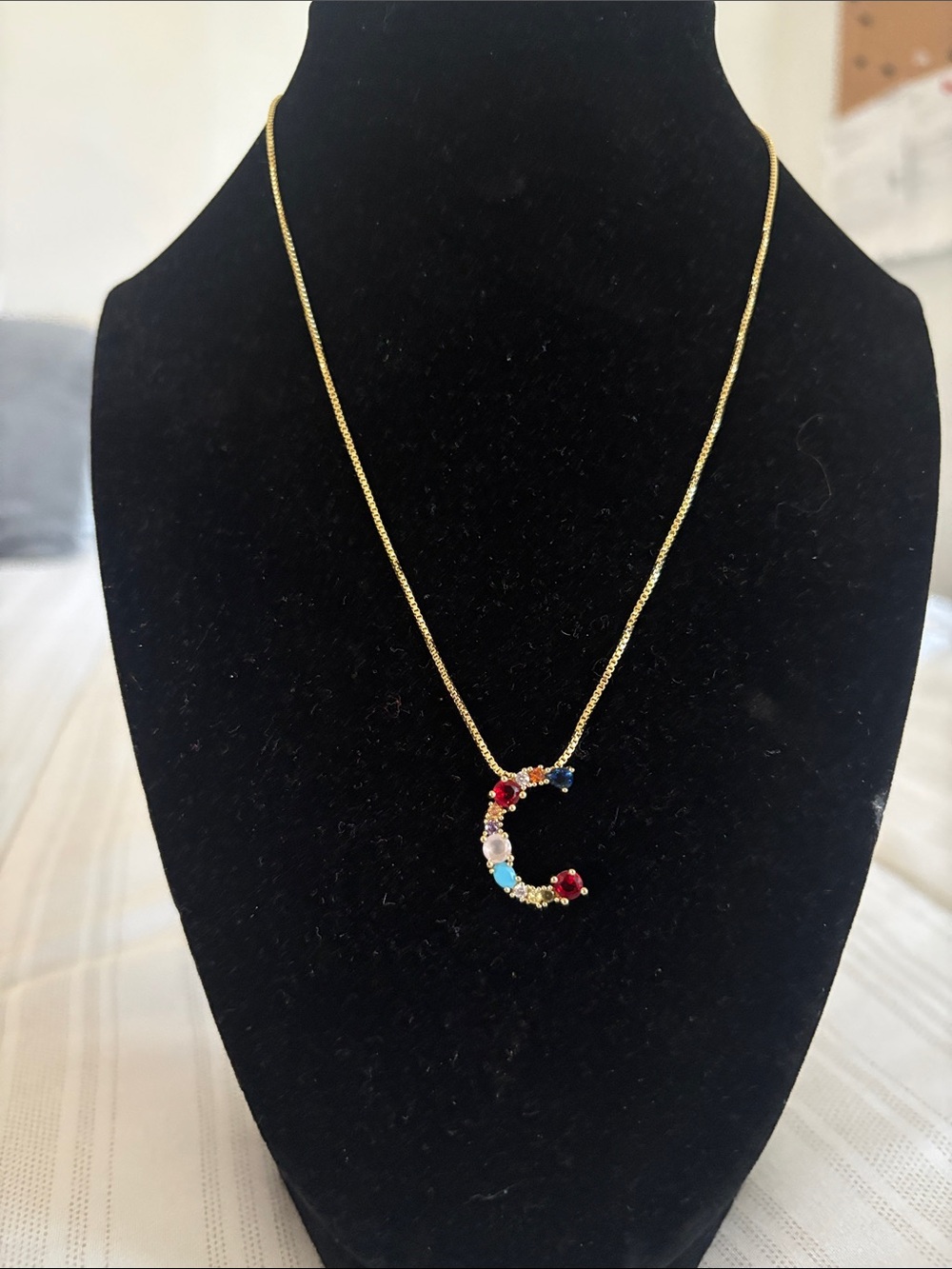 Gold Initial 'C' Necklace with Multicolor Gem Accents